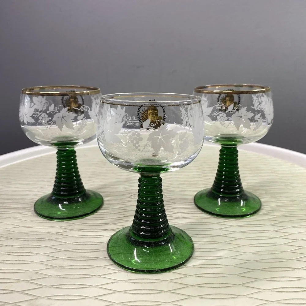 3 VTG German Schmitt Green Cordial‎ Wine Glasses Goblet Mensch, Meier-Mannheim